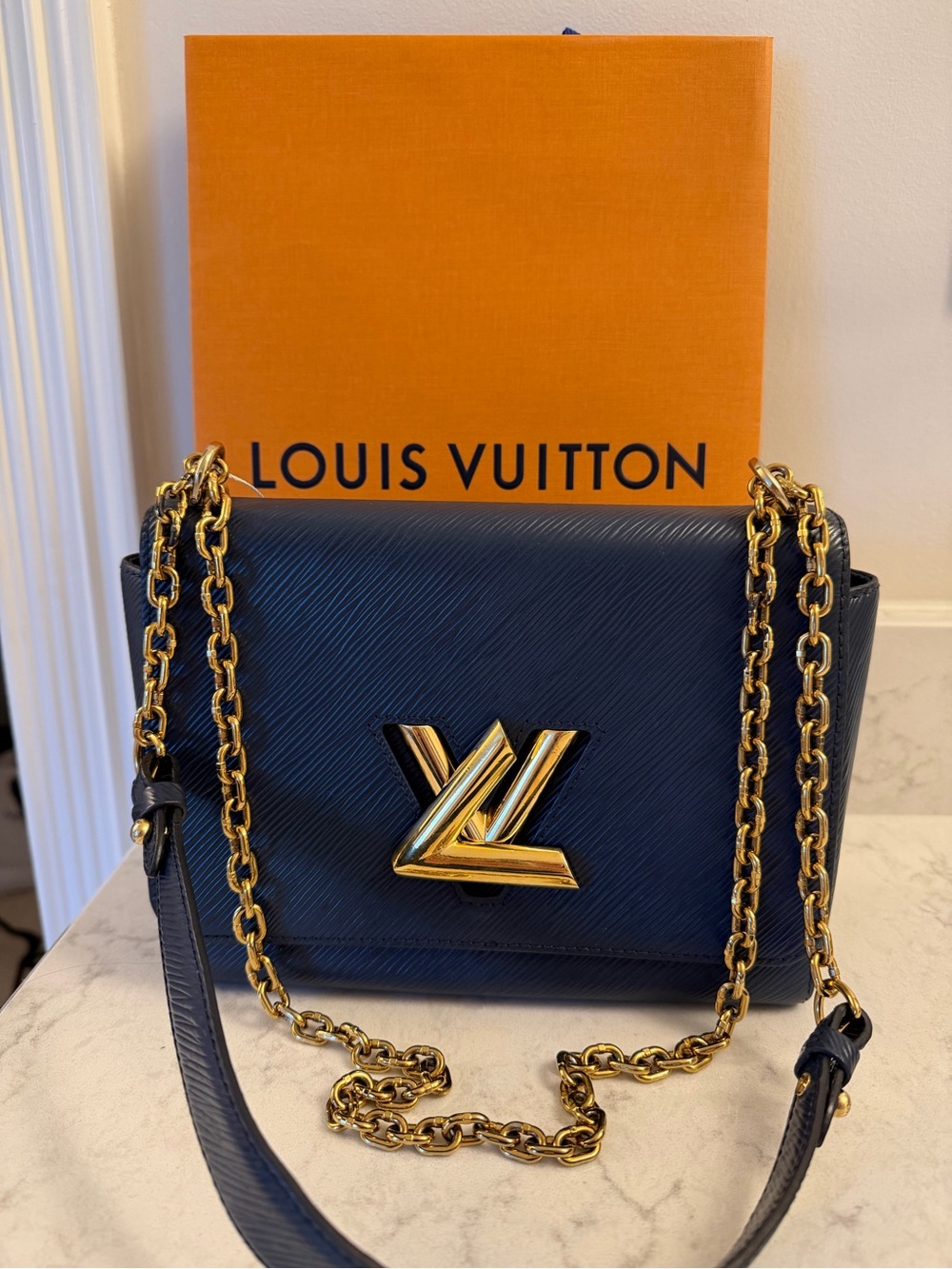Louis Vuitton Navy Epi Leather Twist MM Shoulder Bag with Gold Chain